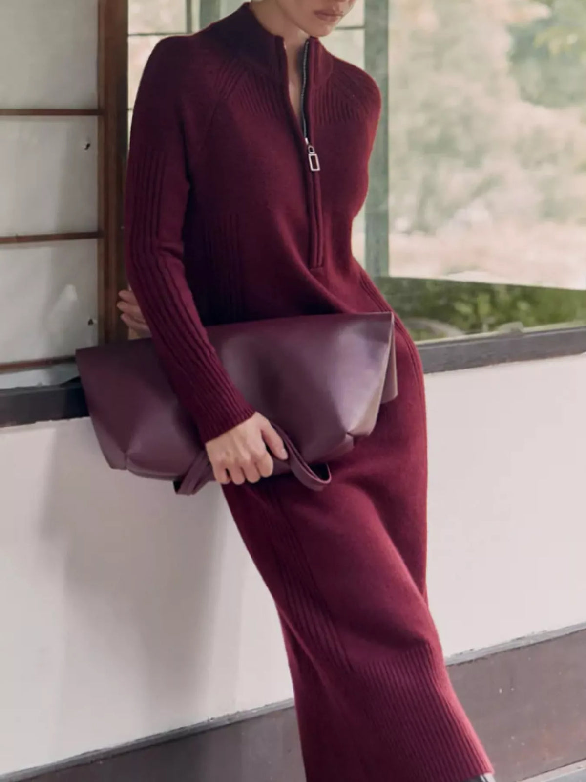 Burgundy half-zip ribbed knit sweater dress — front view