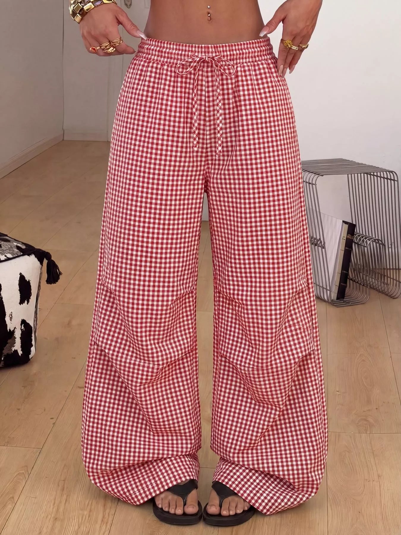 Trendsi High-Waisted Gingham Wide-Leg Drawstring Pants -