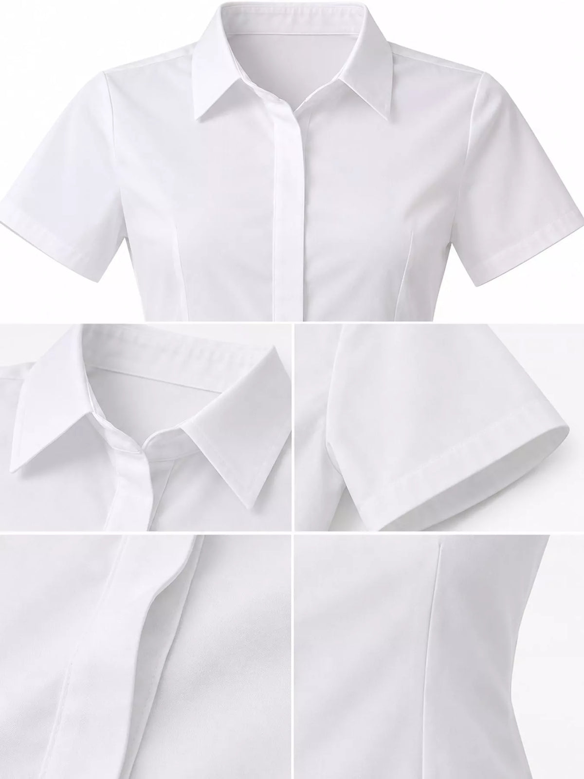 White button-down shirt, short-sleeve collar, shoulder, and hem