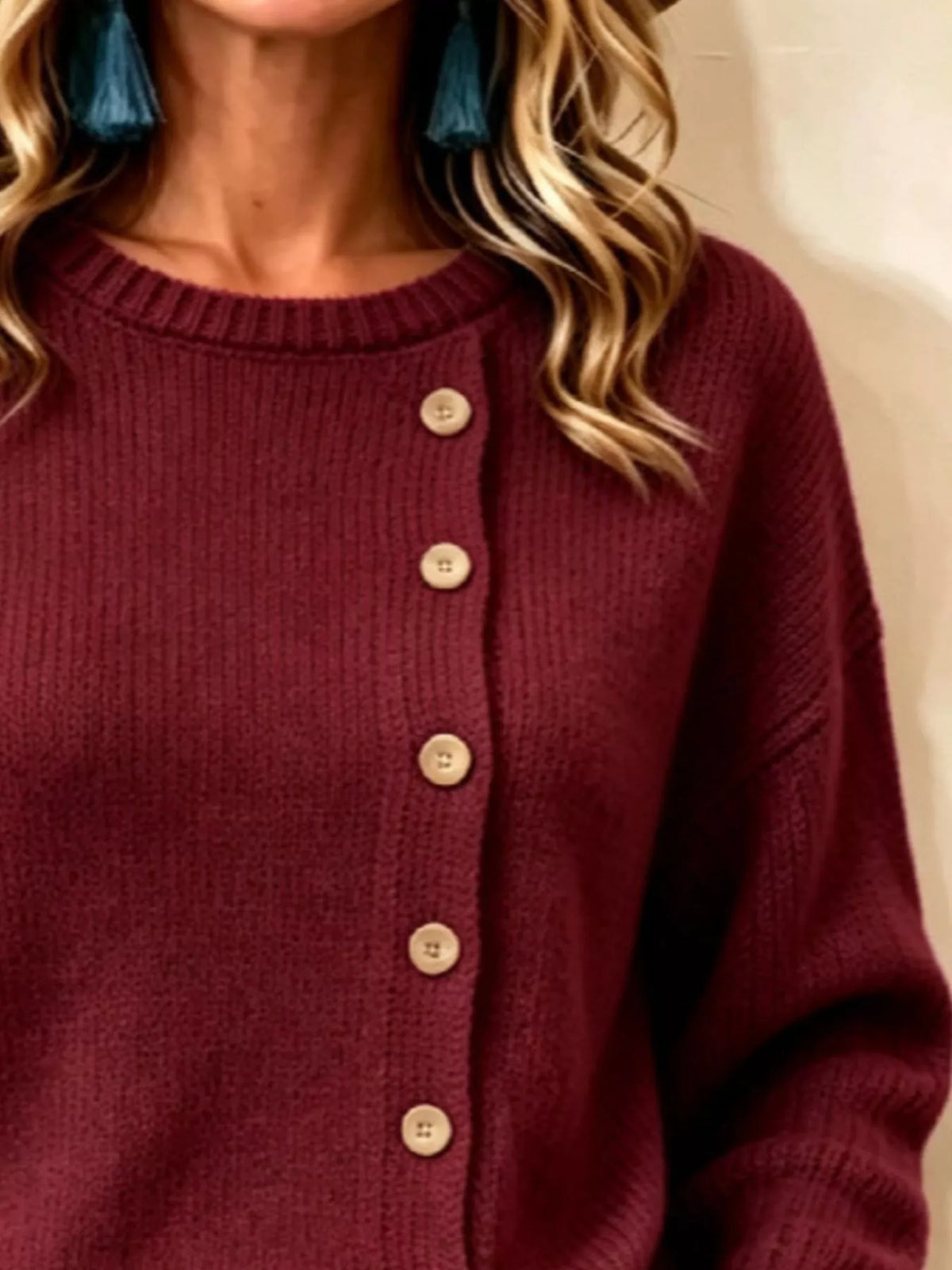 Decorative-button sweater, burgundy decorative button detail