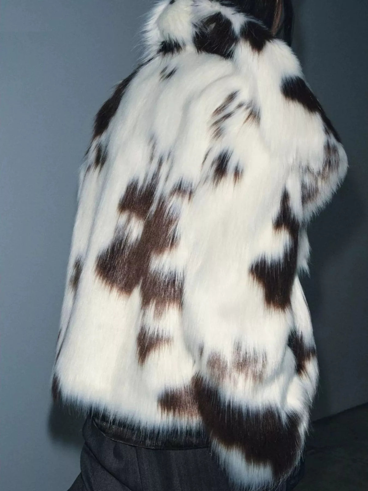 White cow-print faux fur coat