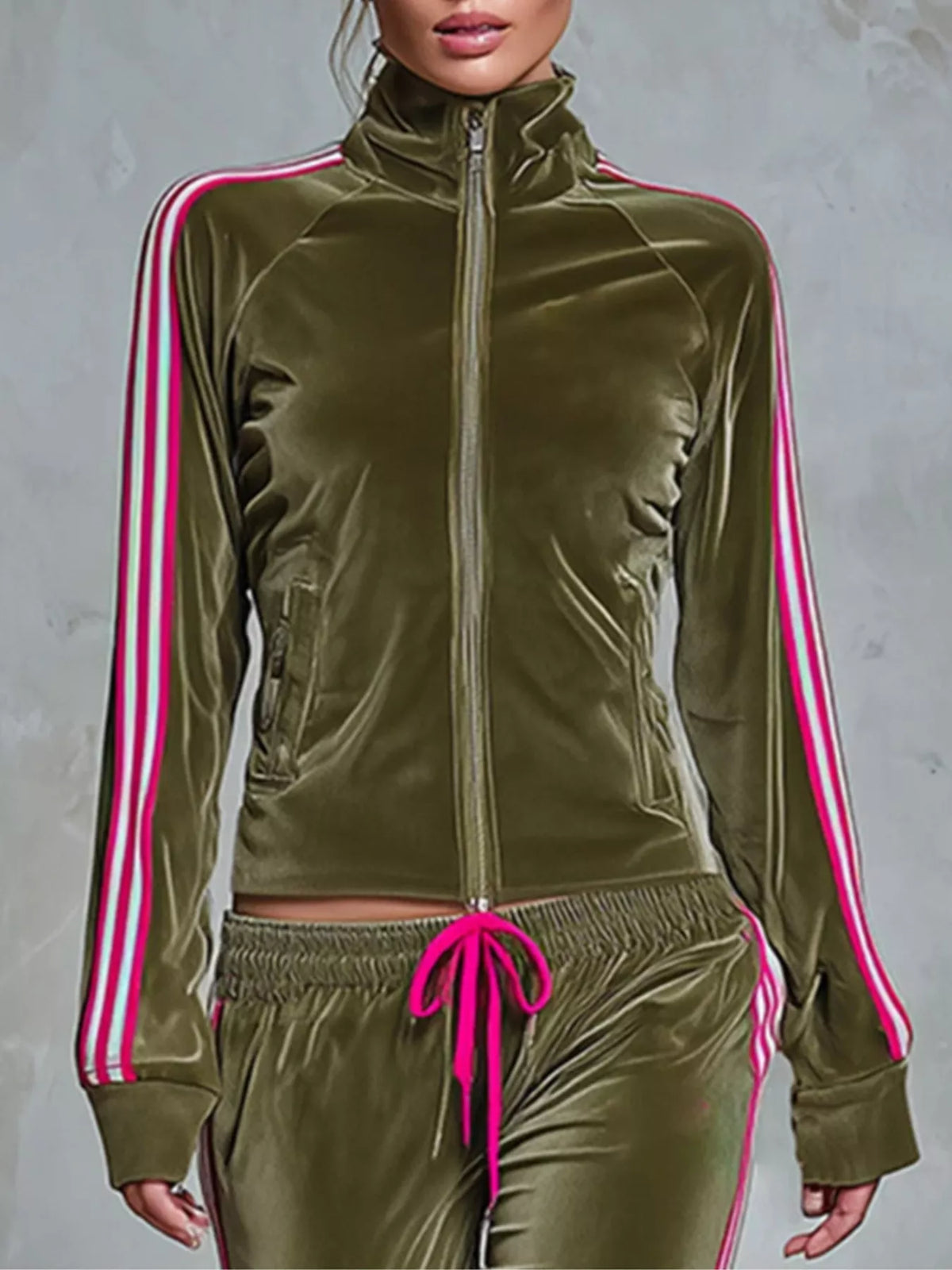 Trendsi Striped Zip Up Outerwear and Pants Set -