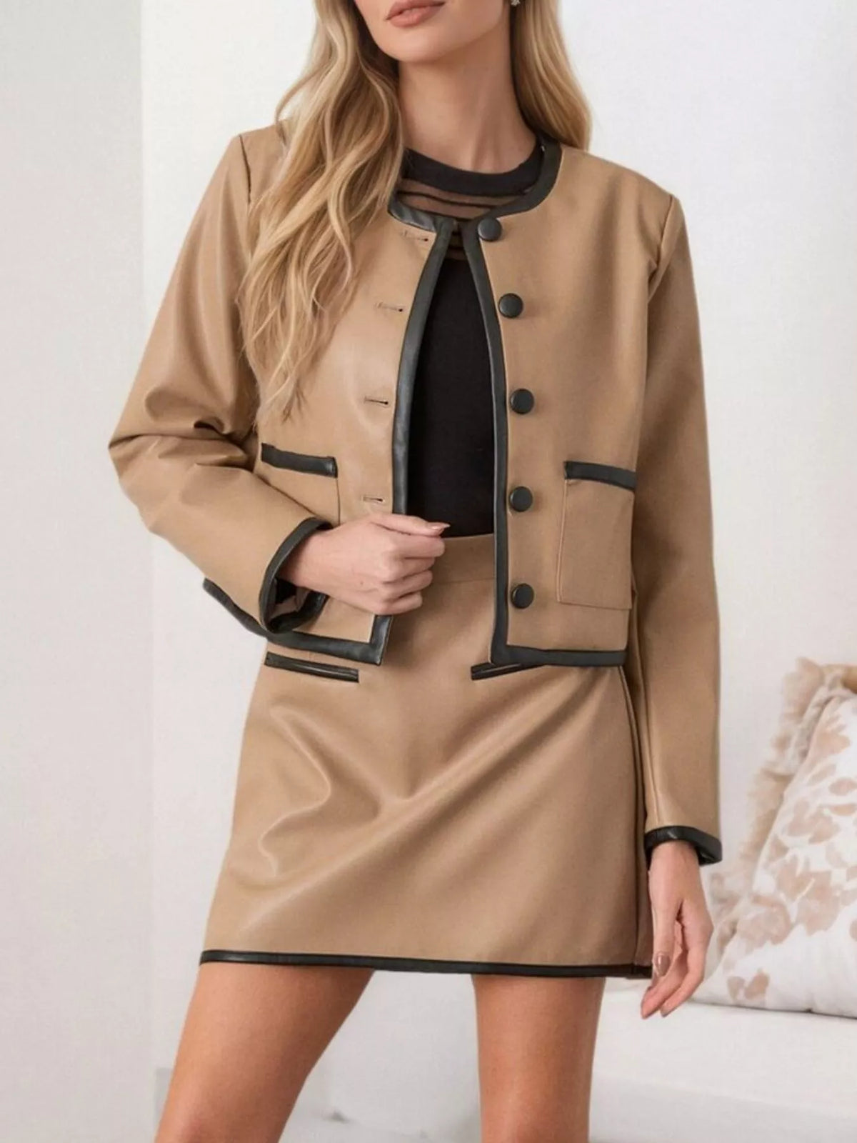 Tan Contrast-Trim Jacket & Mini Skirt Set front view