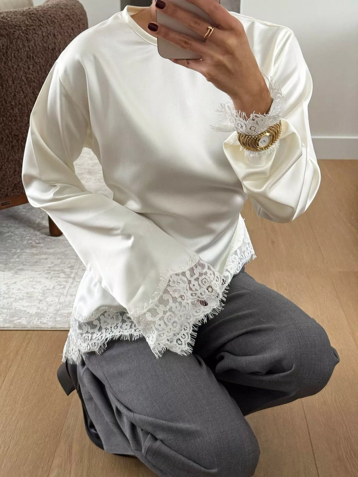White lace detail long sleeve blouse — front view