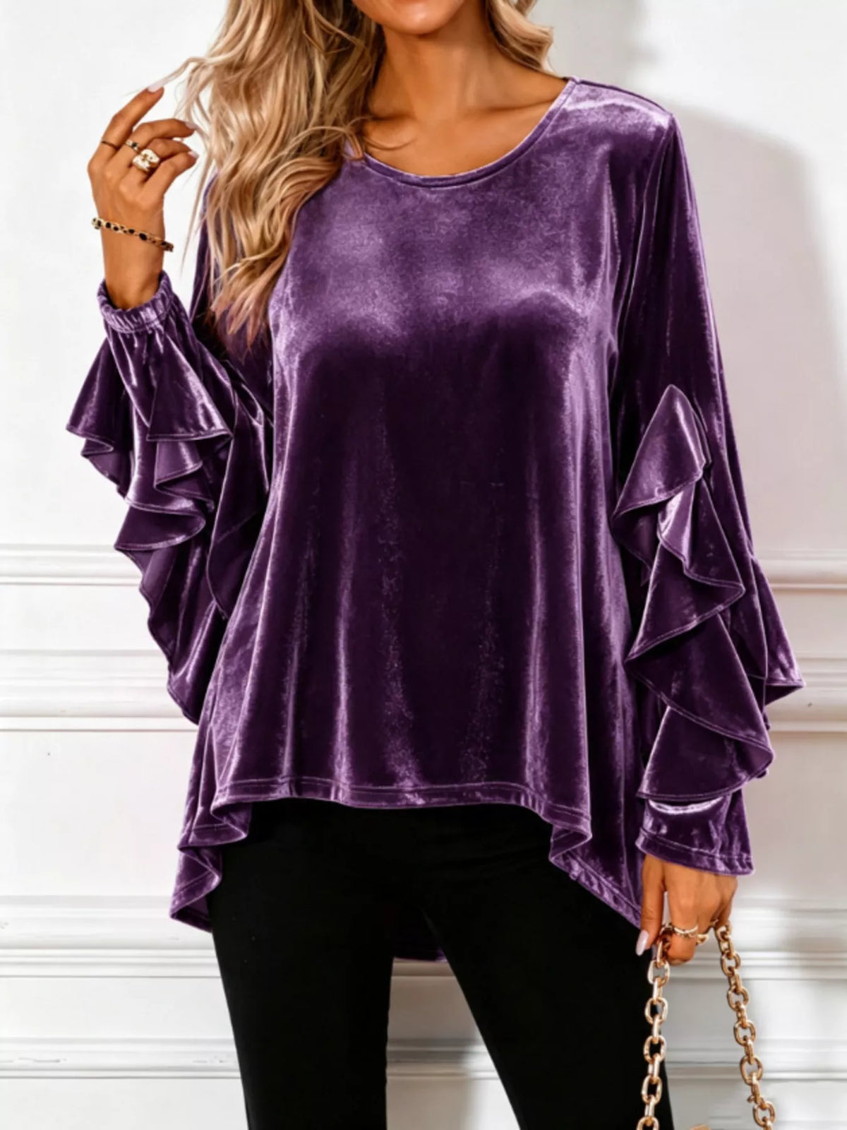 Women's Velvet Round Neck Ruffle Sleeve Top in Plum Purple, front view