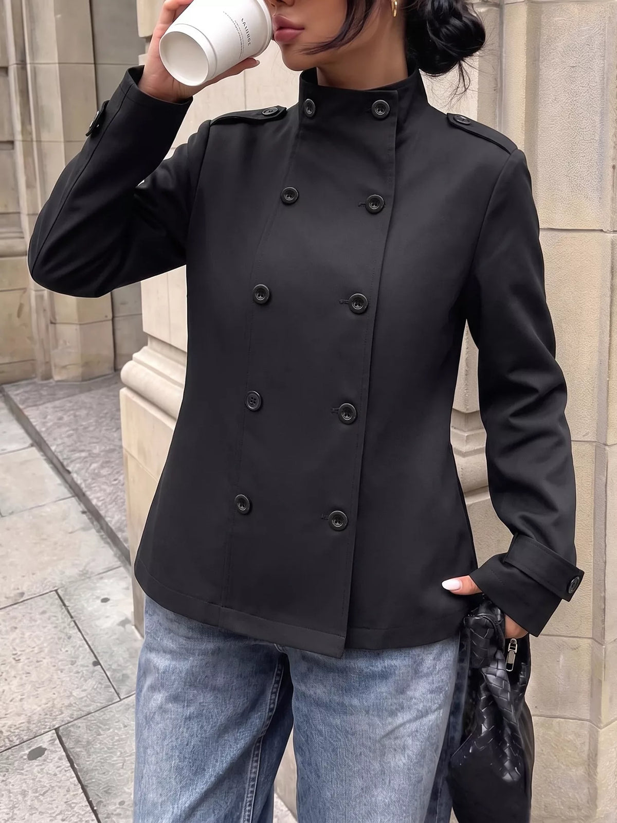 Double-Breasted Military-Style Stand Collar Jacket — front view