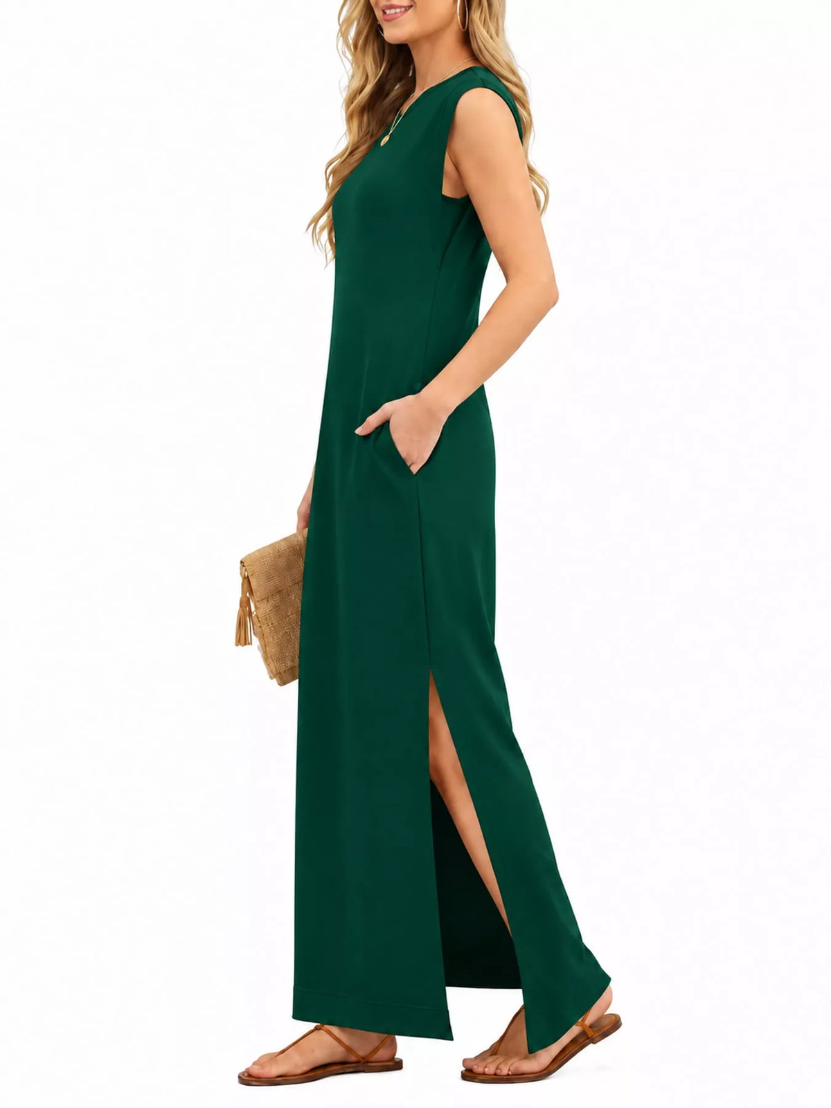 Round neck sleeveless maxi dress, side view