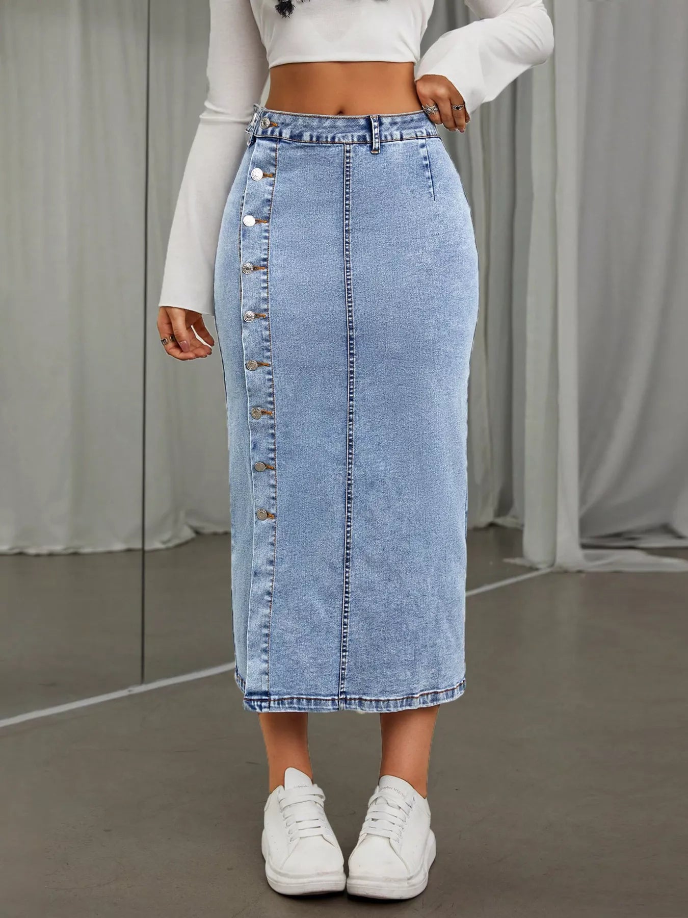 Trendsi Side Button Slit Denim Midi Skirt -