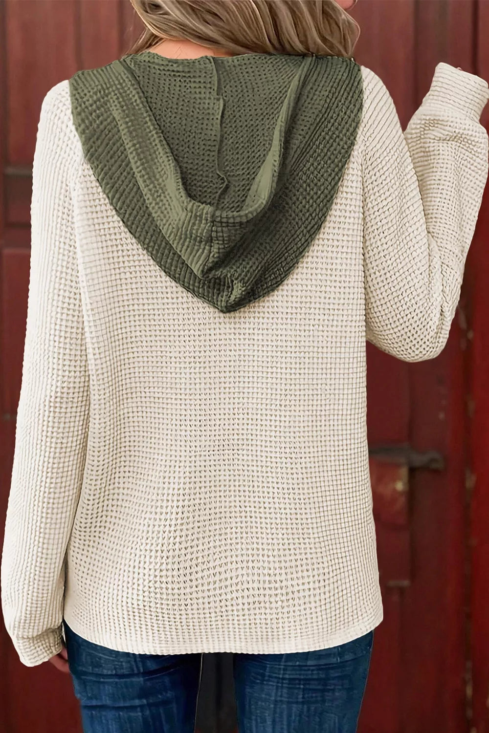 Trendsi Drawstring Waffle Knit Henley Hoodie -