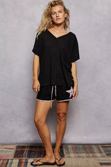 Trendsi POL Ribbed Knit V-Neck Short Sleeve T-Shirt -
