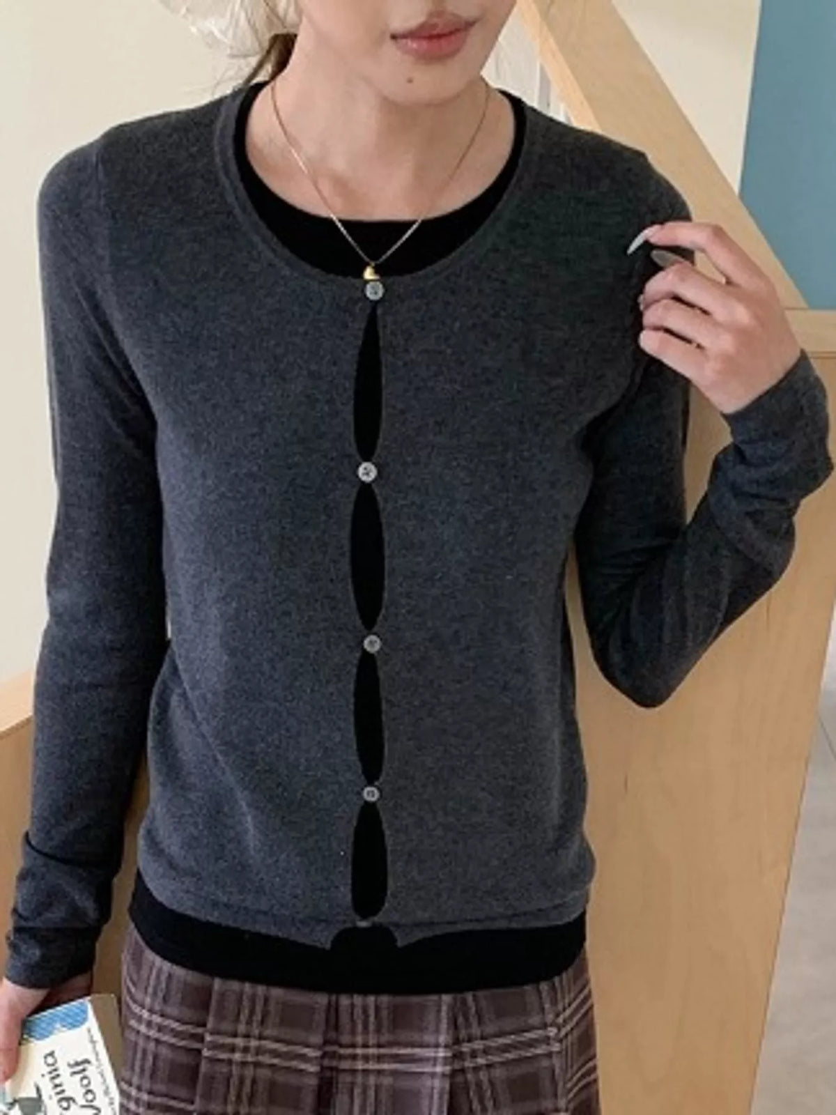 Layered knit top, gray front