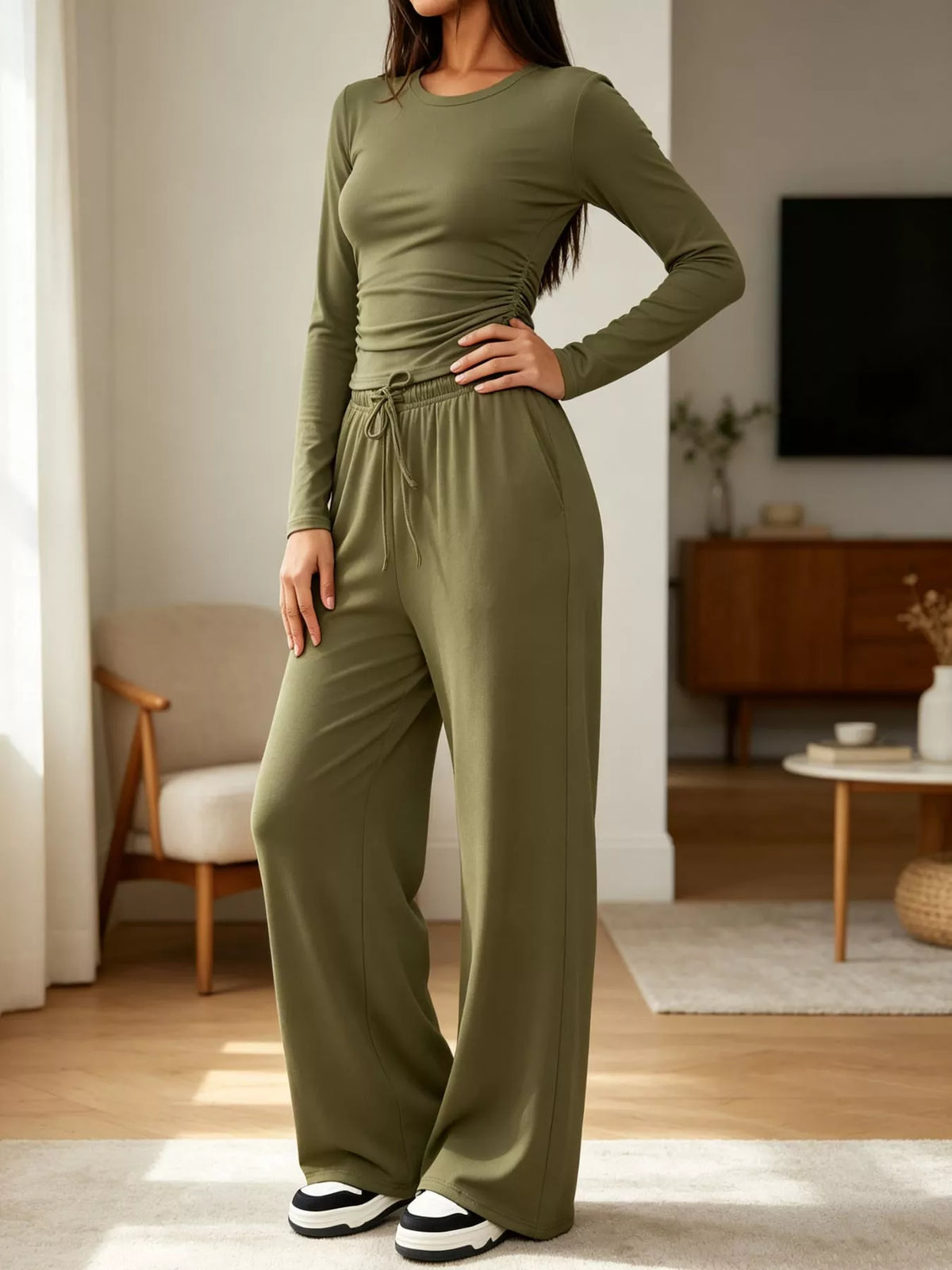 Army green wide-leg top and pants set