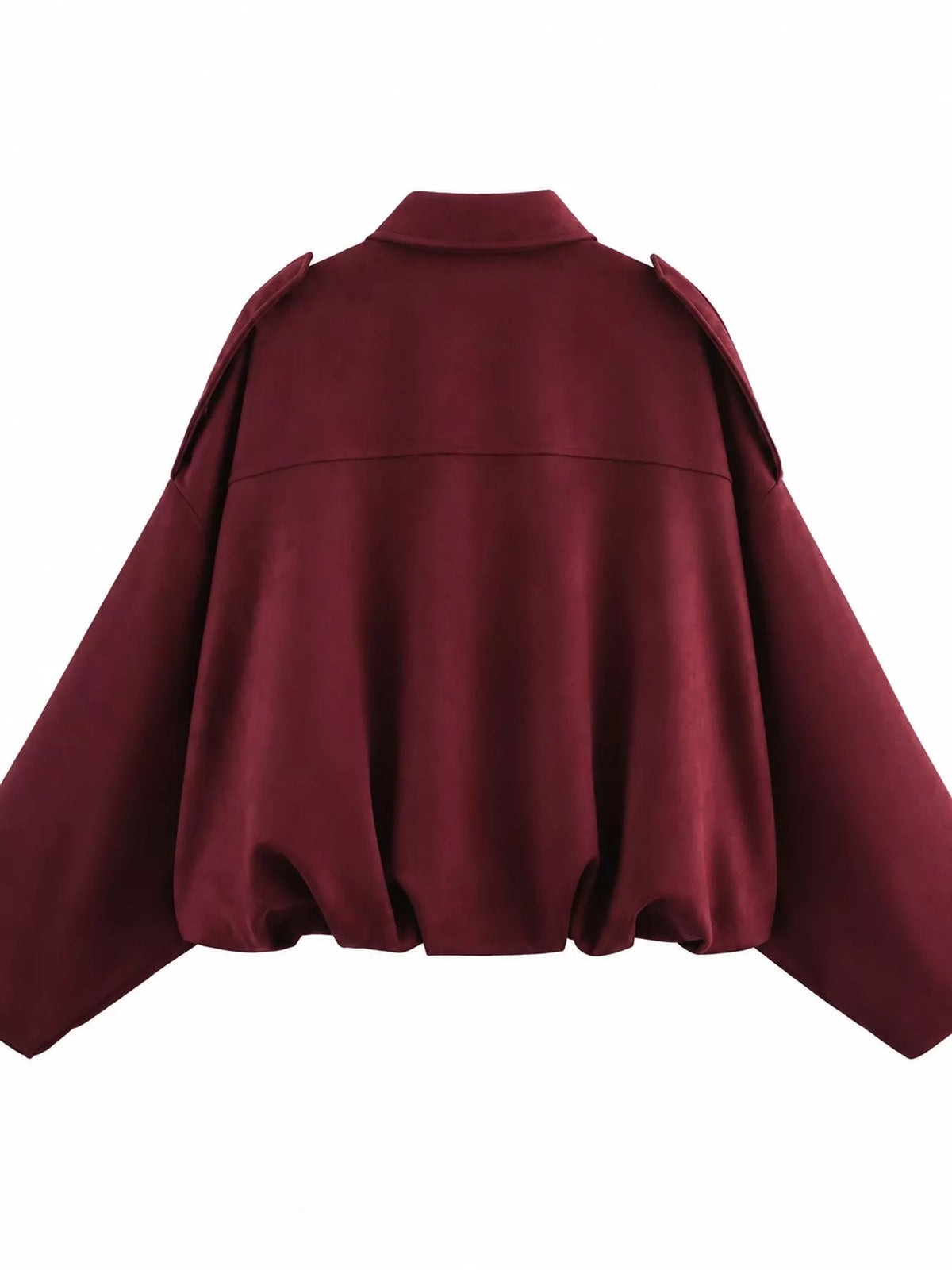 Burgundy elastic hem batwing sleeve jacket, back view