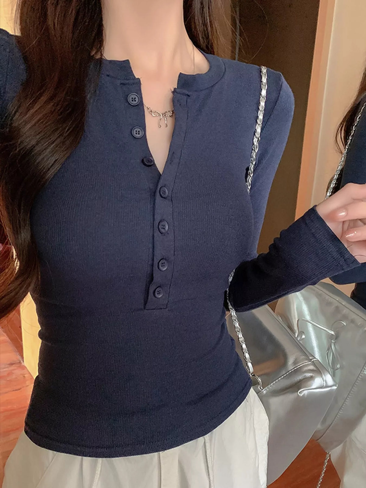 Button Detail Long Sleeve T-Shirt, detail view in navy blue