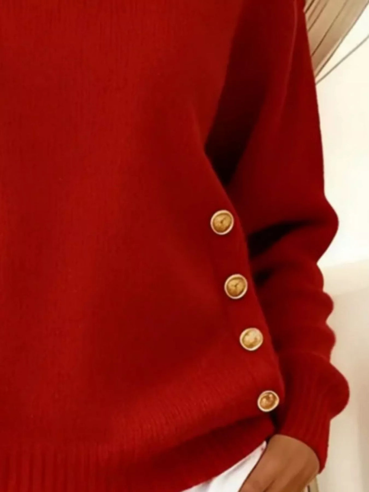 Women's Decorative Button Dropped Shoulder Sweater in Red, back view