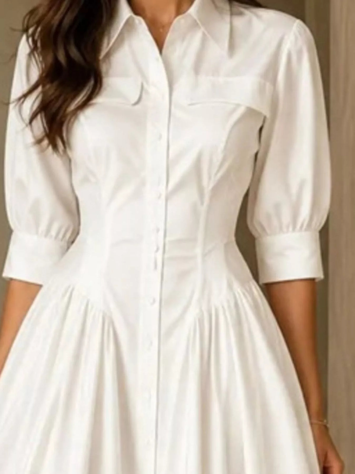 Button-Down Shirt Dress with Cinched Waist, bodice detail