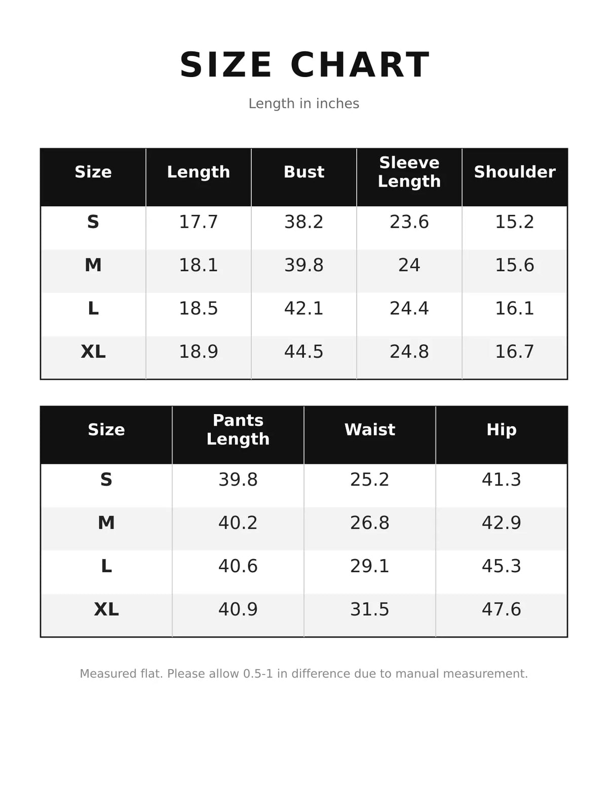 Size chart for color-block zip-up hoodie and wide-leg pants set