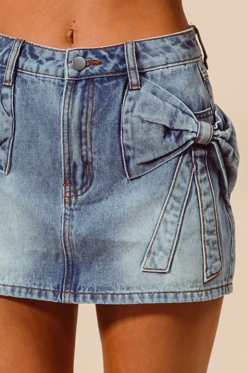 Women's Denim Mini Skirt A-Line High Waist Bow Knot Pockets — product view 10