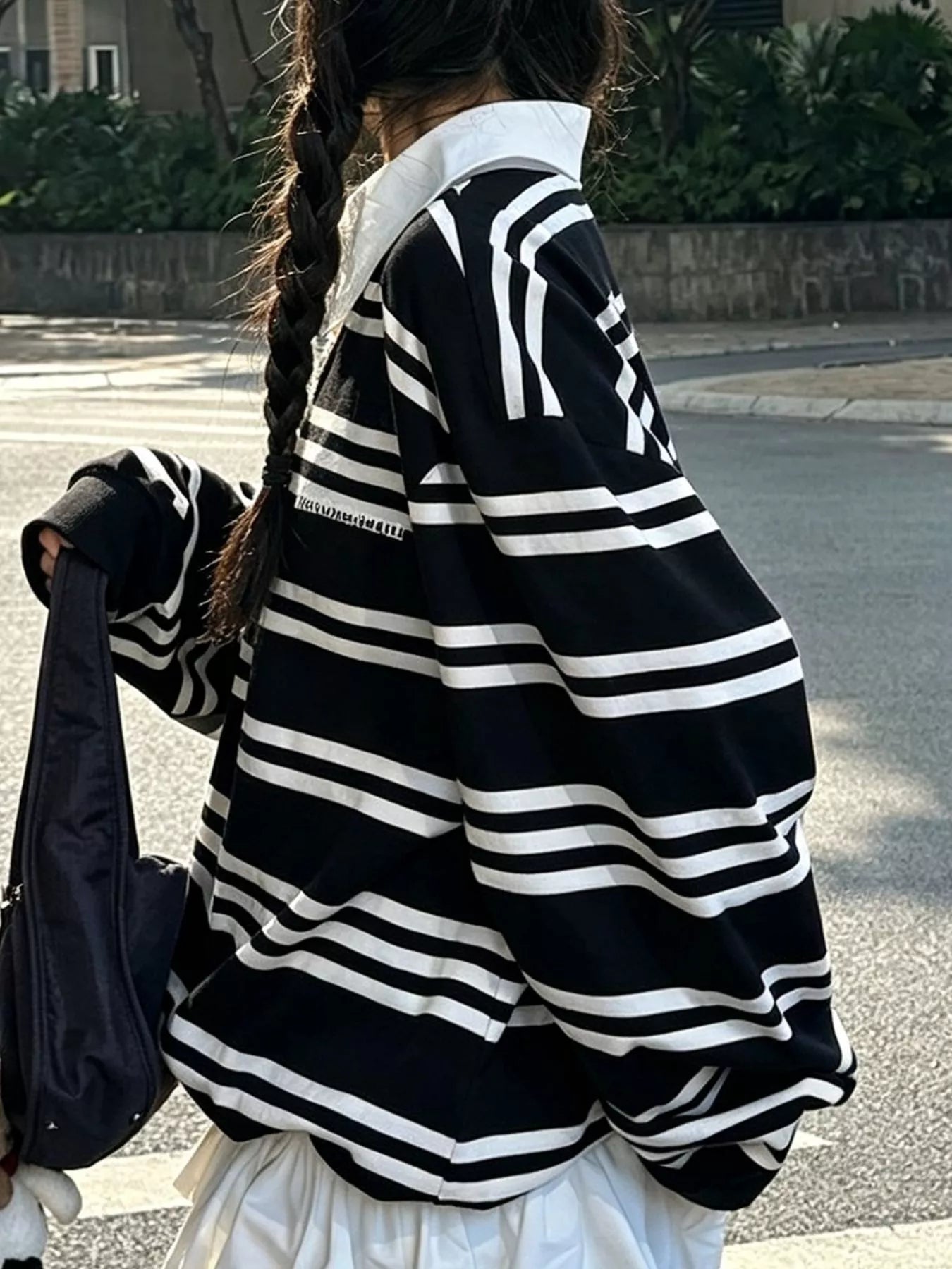 Trendsi Oversized Striped Contrast Collar Polo Top -