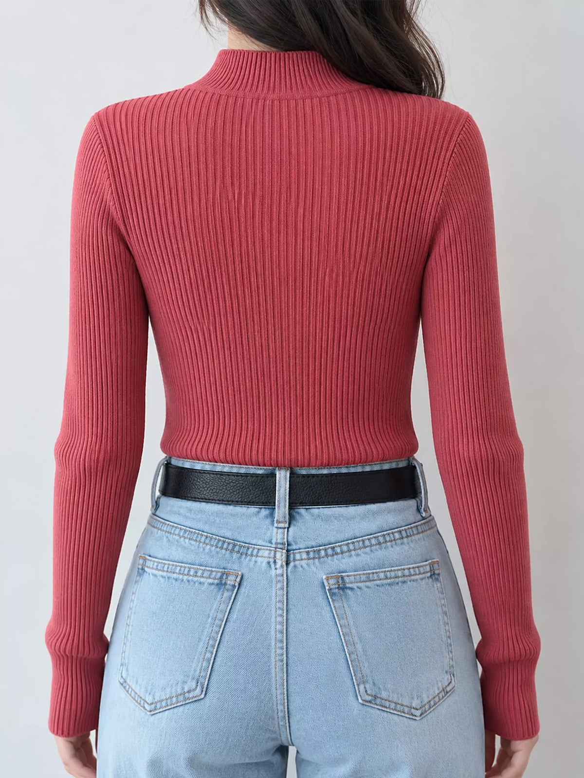 Rose ribbed mock neck long sleeve knit top, back view