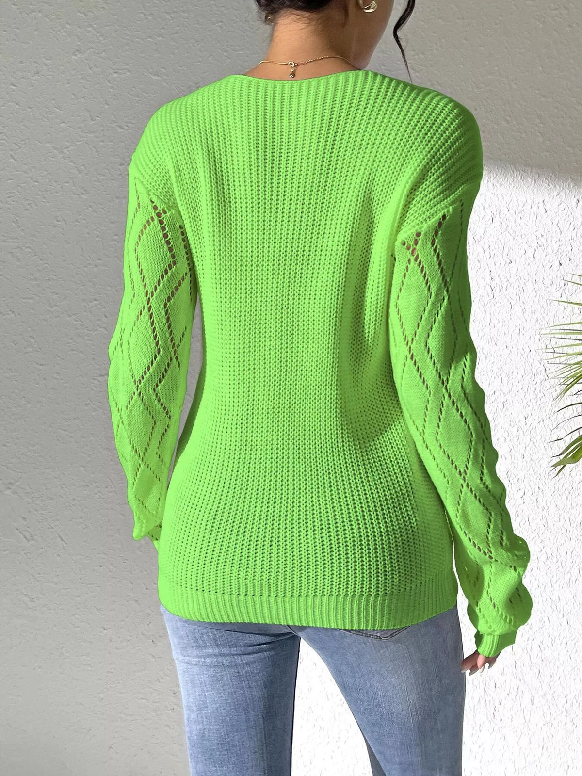 Green Floral Applique V-Neck Openwork Sweater back view