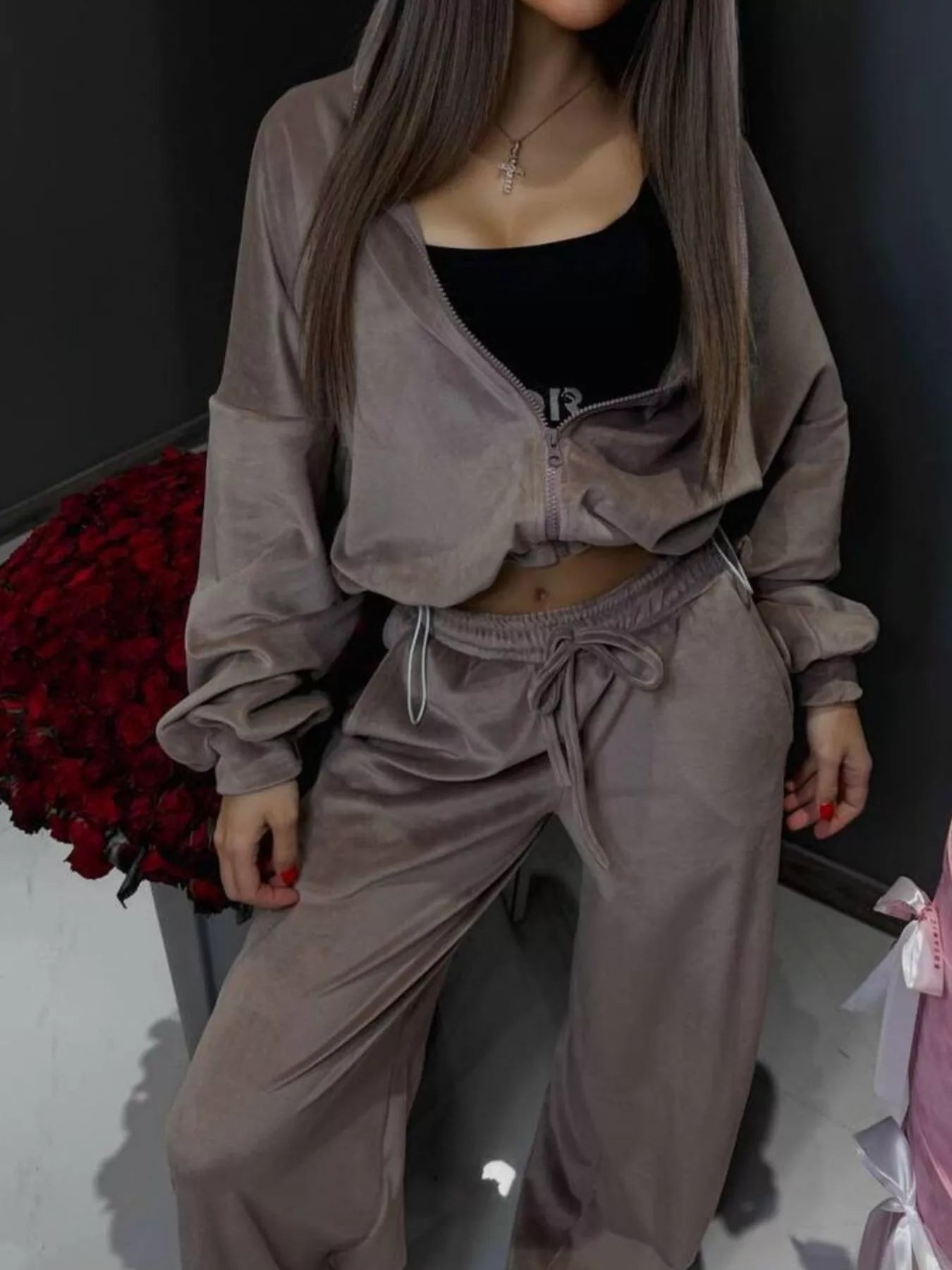 Trendsi Zip Up Hoodie and Wide-Leg Pants Set -