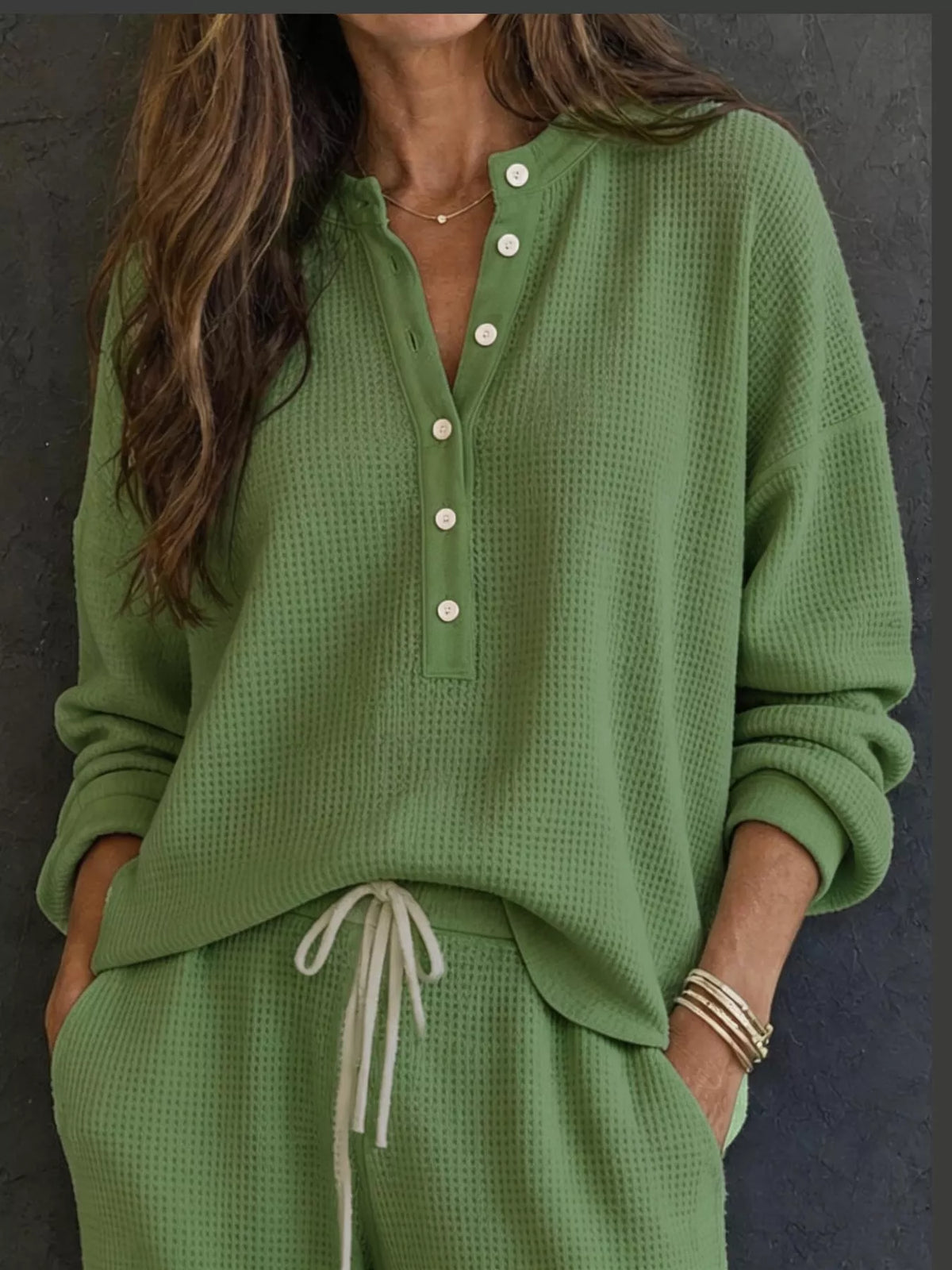 Green waffle knit button detail top and pants set
