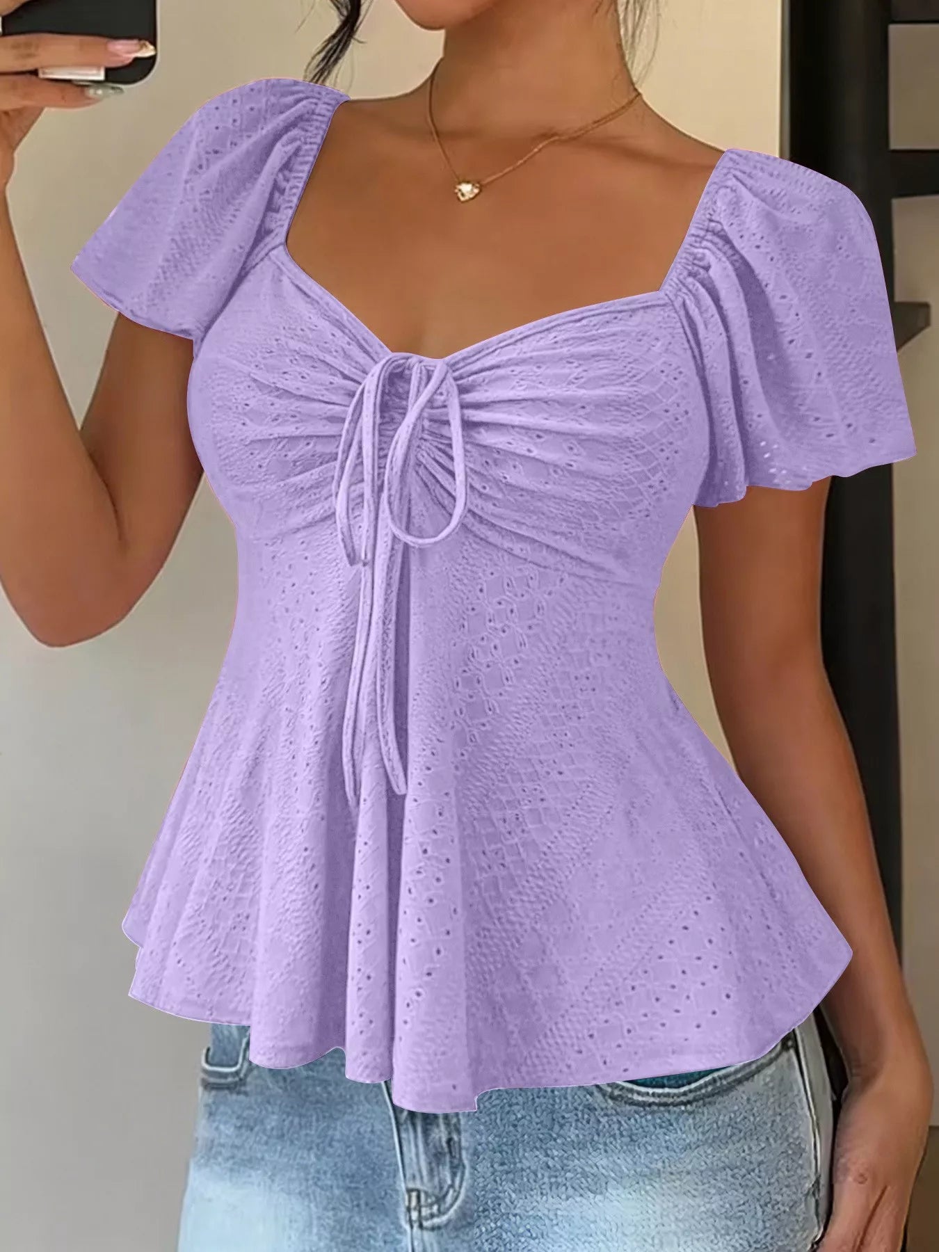 Trendsi Ruched Flutter Sleeve Peplum Top -