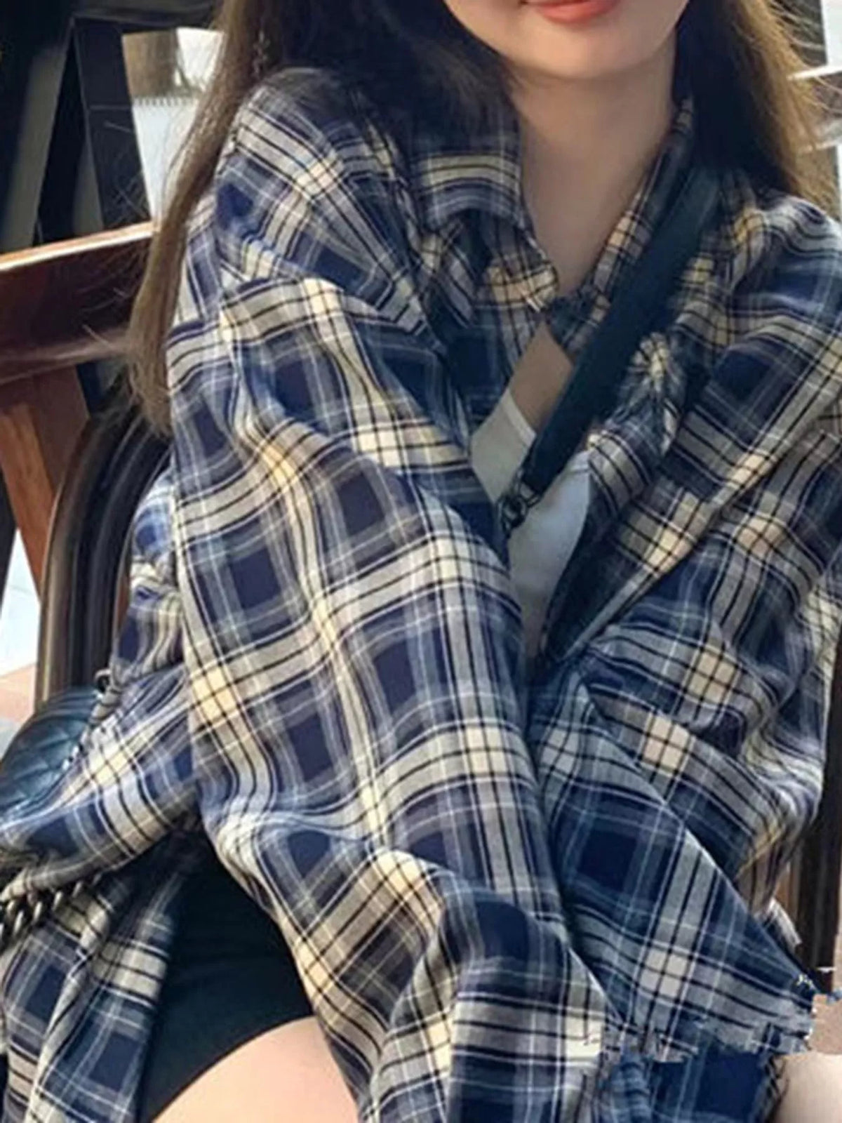 Navy and cream loose-fit plaid shirt