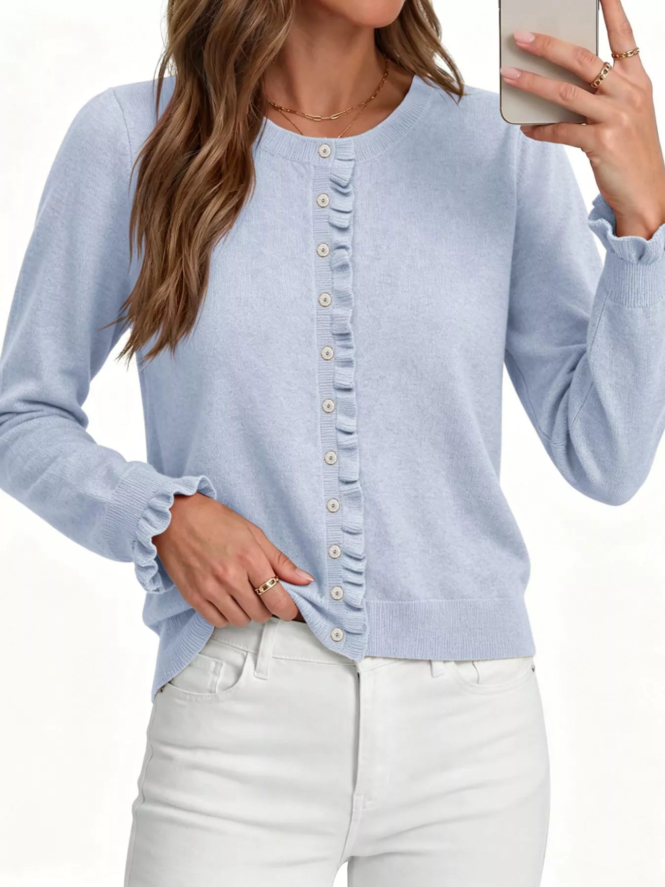 Trendsi Ruffle-Trimmed Button-Down Knit Cardigan -