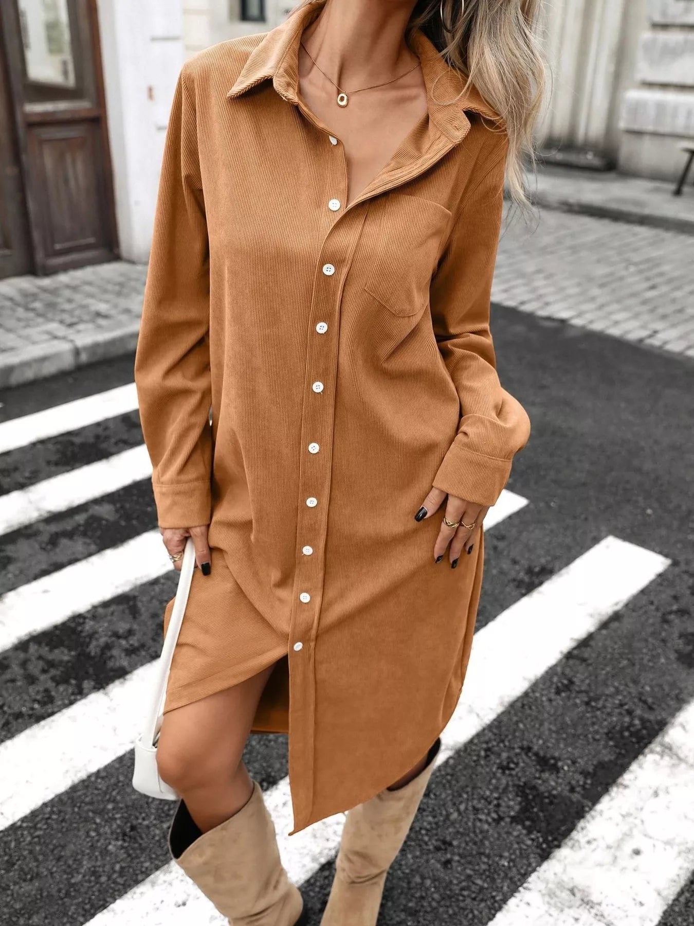 Trendsi Corduroy Shirt Dress with Button-Down Front -