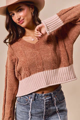Trendsi SO ME Chenille Cable Knit V Neck Contrast Cropped Sweater -