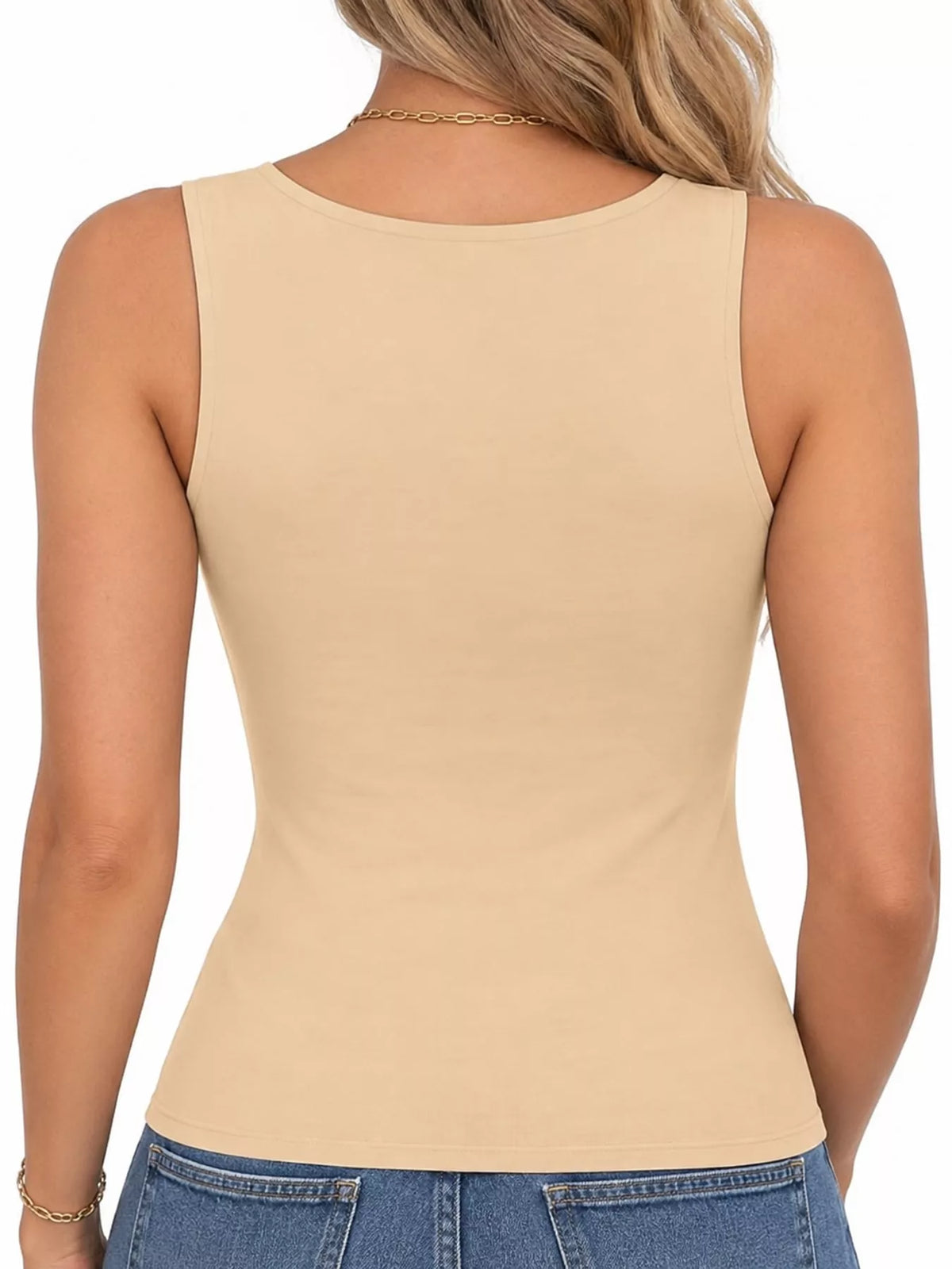 Beige square-neck tank, back view