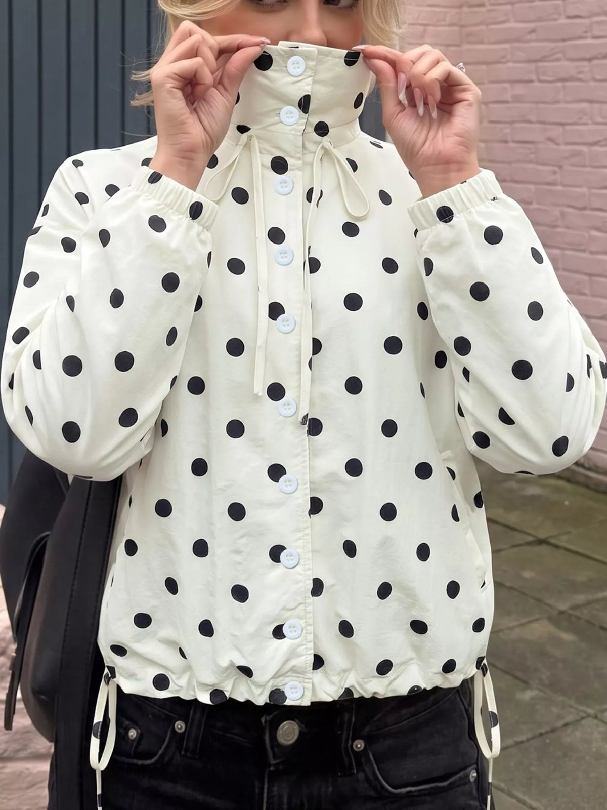 Trendsi Polka Dot Stand-Collar Casual Jacket -