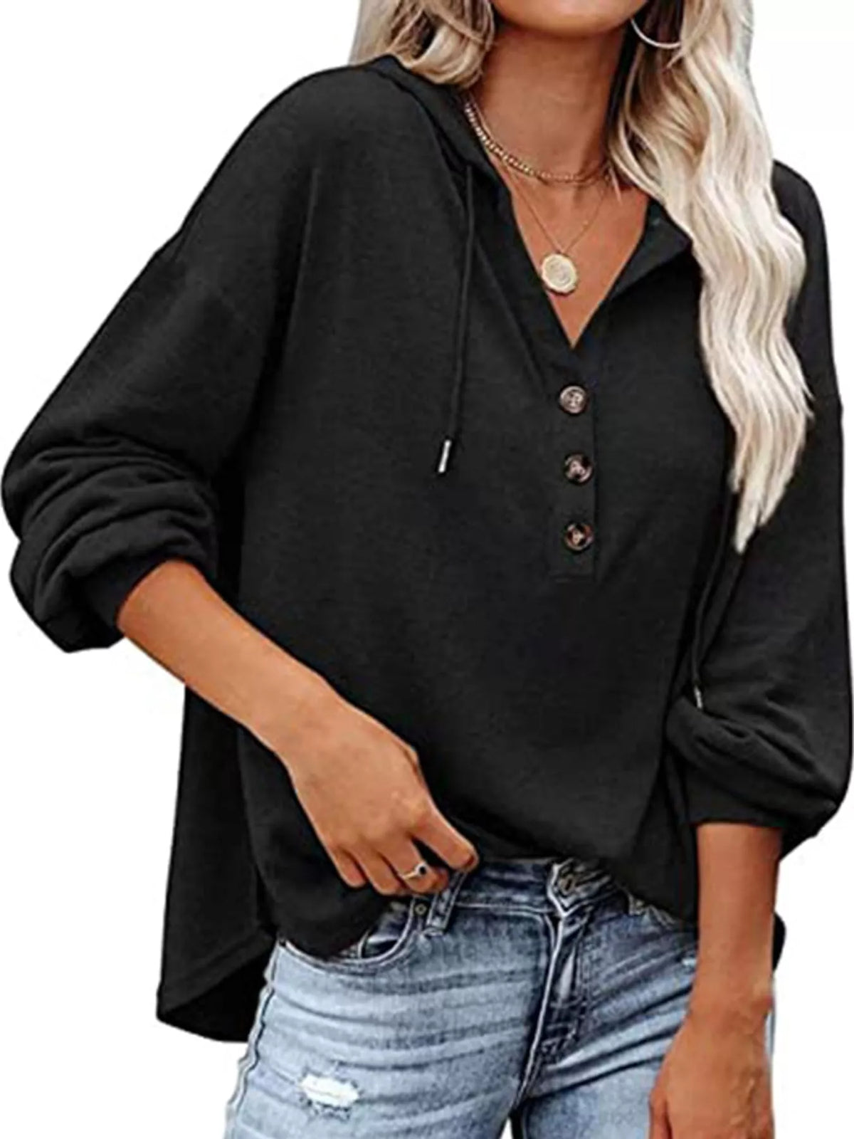 Women's Button Placket Drawstring Dropped Shoulder Hoodie in black — front view