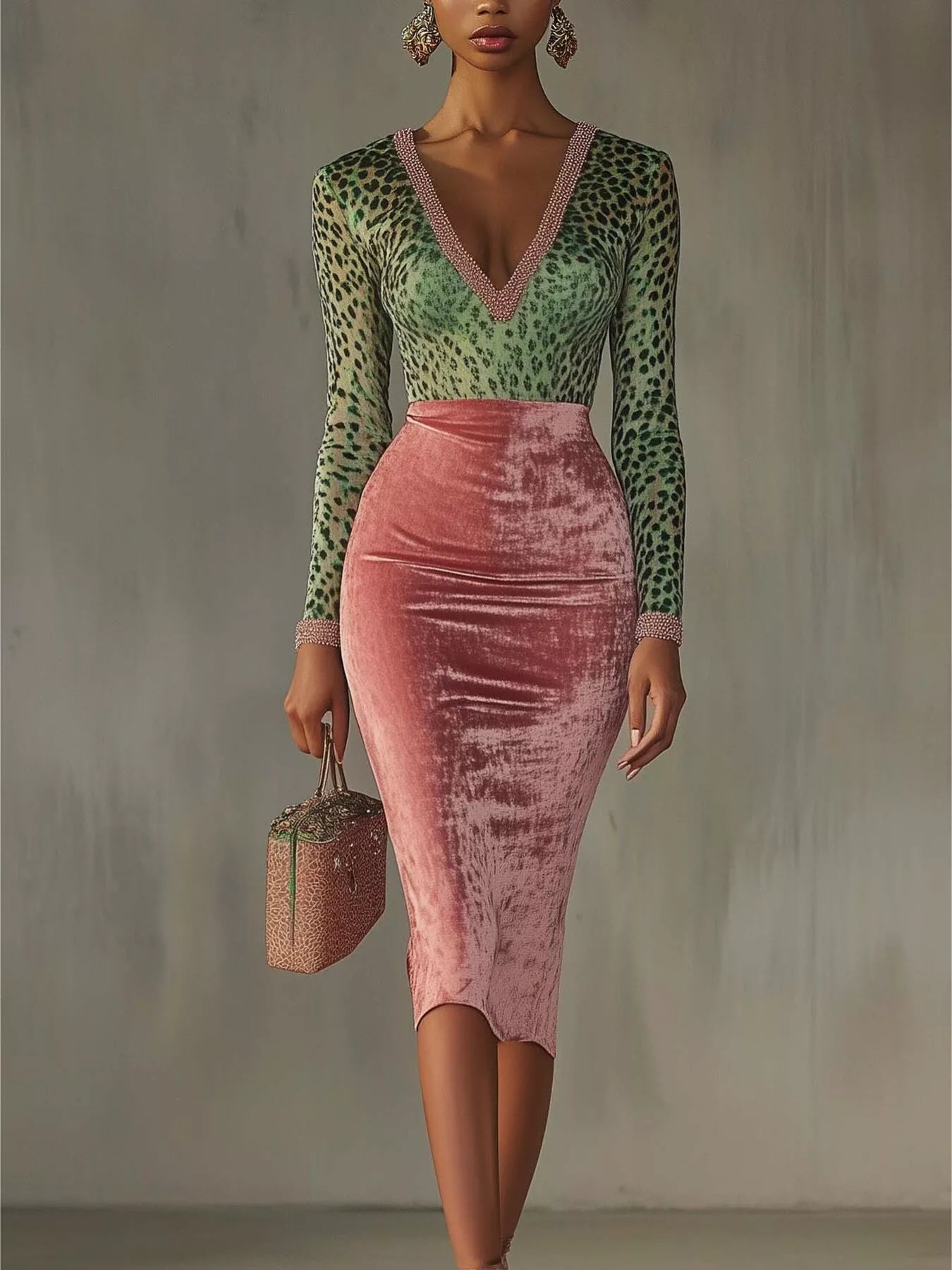 Trendsi Velvet Leopard Long-Sleeve Midi Dress -