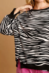 Trendsi Umgee Zebra Striped Fleece Pullover Sweater Shirt -