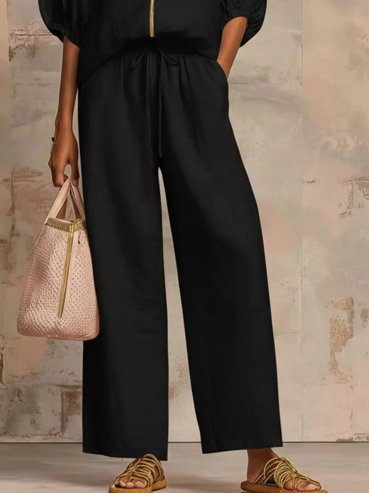 Zip-front top and wide-leg pants set