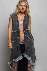 Trendsi POL Vintage Wash Ruffled Crochet Vest Cardigan - Shirts