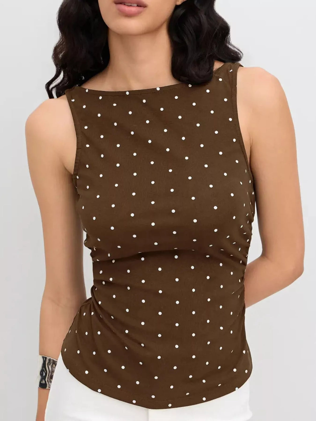Polka Dot Print Sleeveless Tank Top with Tie Back in coffee