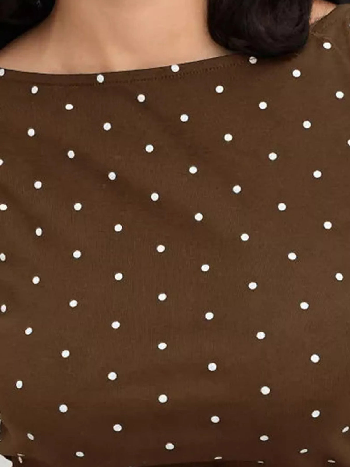 Polka Dot Print Sleeveless Tank Top with Tie Back, detail view in brown and white