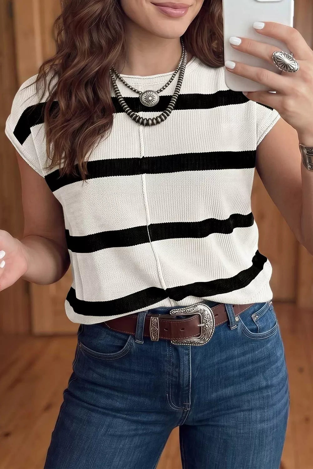 Trendsi Stripe Knit Western Short Sleeve Sweater -