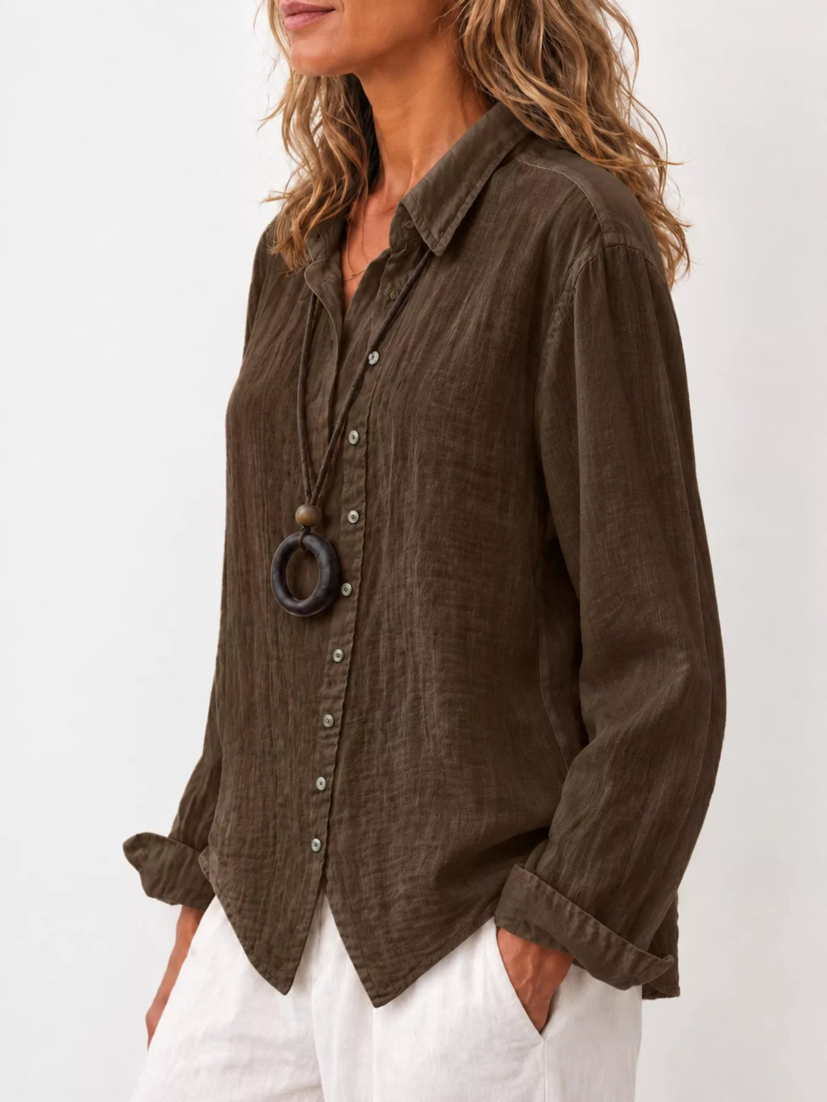 Brown asymmetric button-down long sleeve shirt