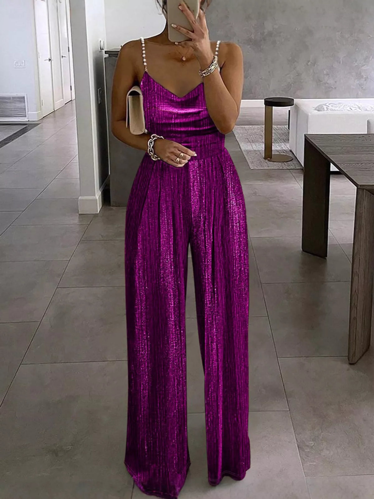 Metallic Wide-Leg Jumpsuit with Pearl Strap Detail in purple