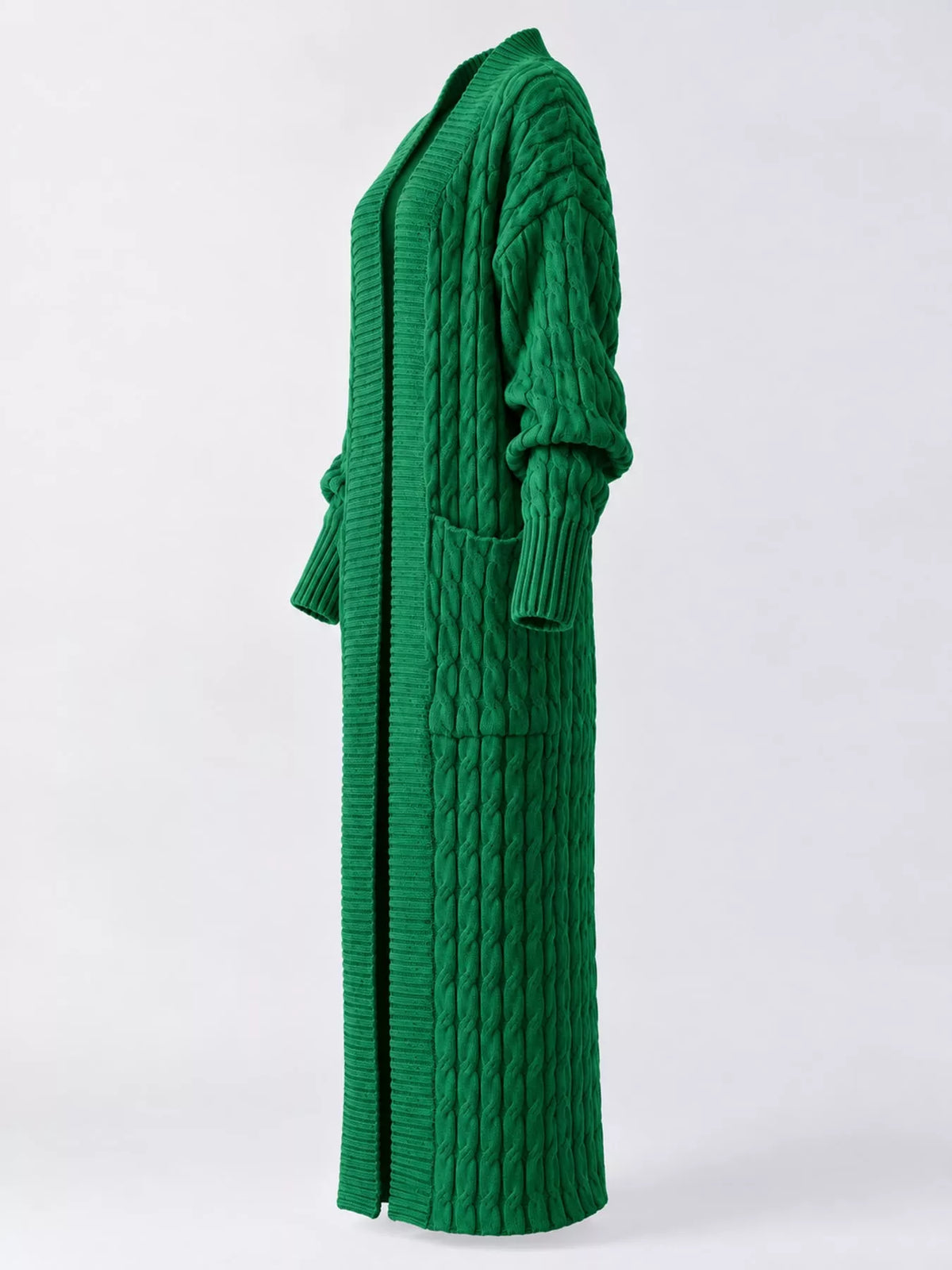 Green cable-knit longline open-front cardigan