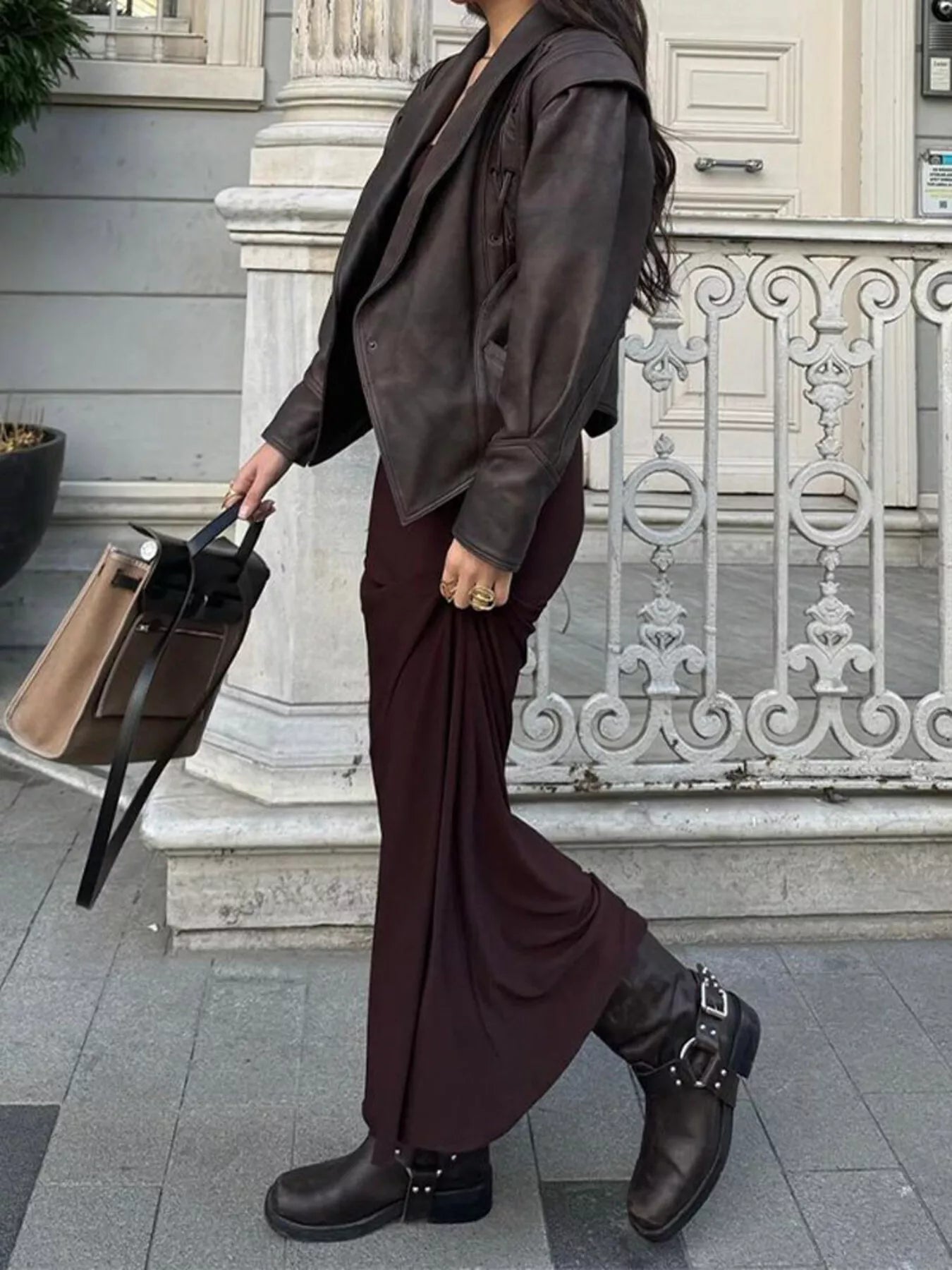 Trendsi Belted Leather Jacket with Shawl Collar -