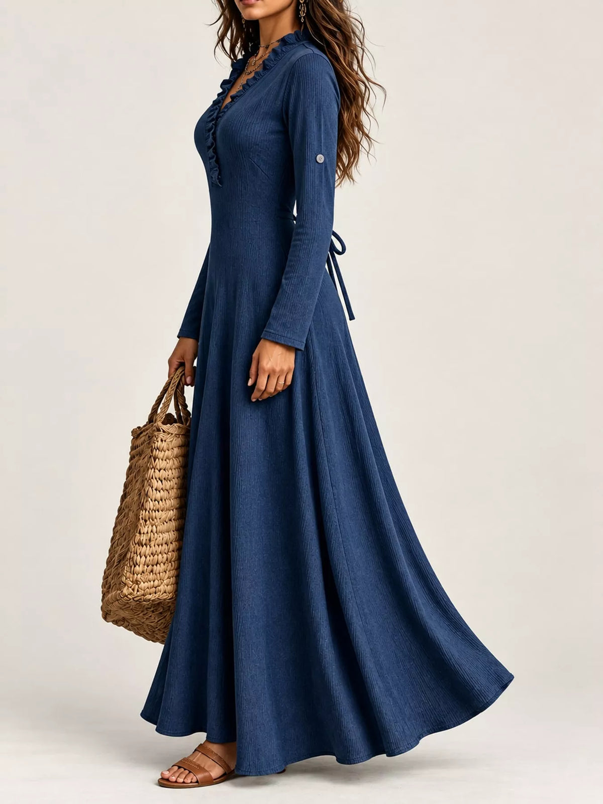 Frill-trim maxi dress, navy side