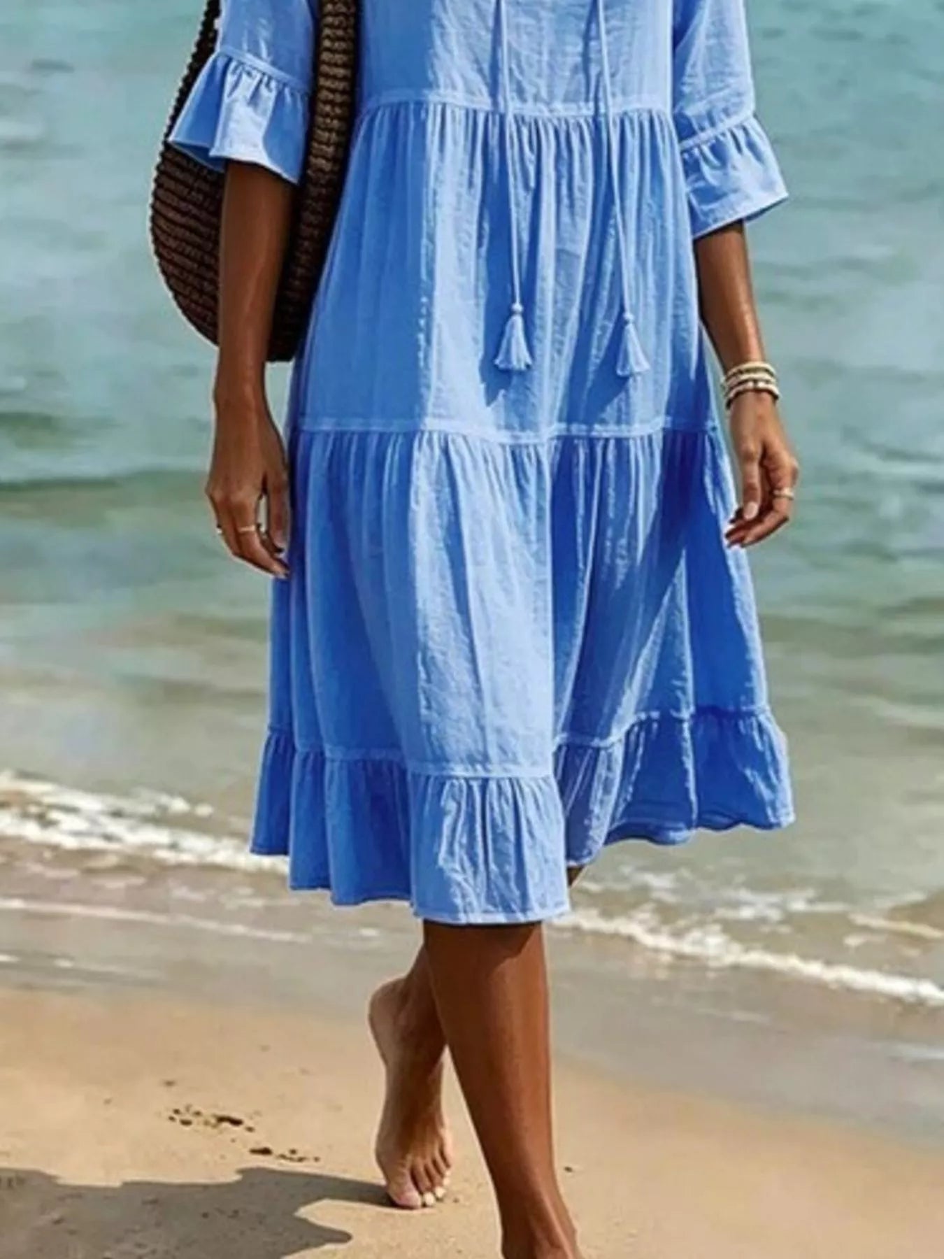 Trendsi Full Size Tiered Tie Neck Flounce Sleeve Dress Plus Size -