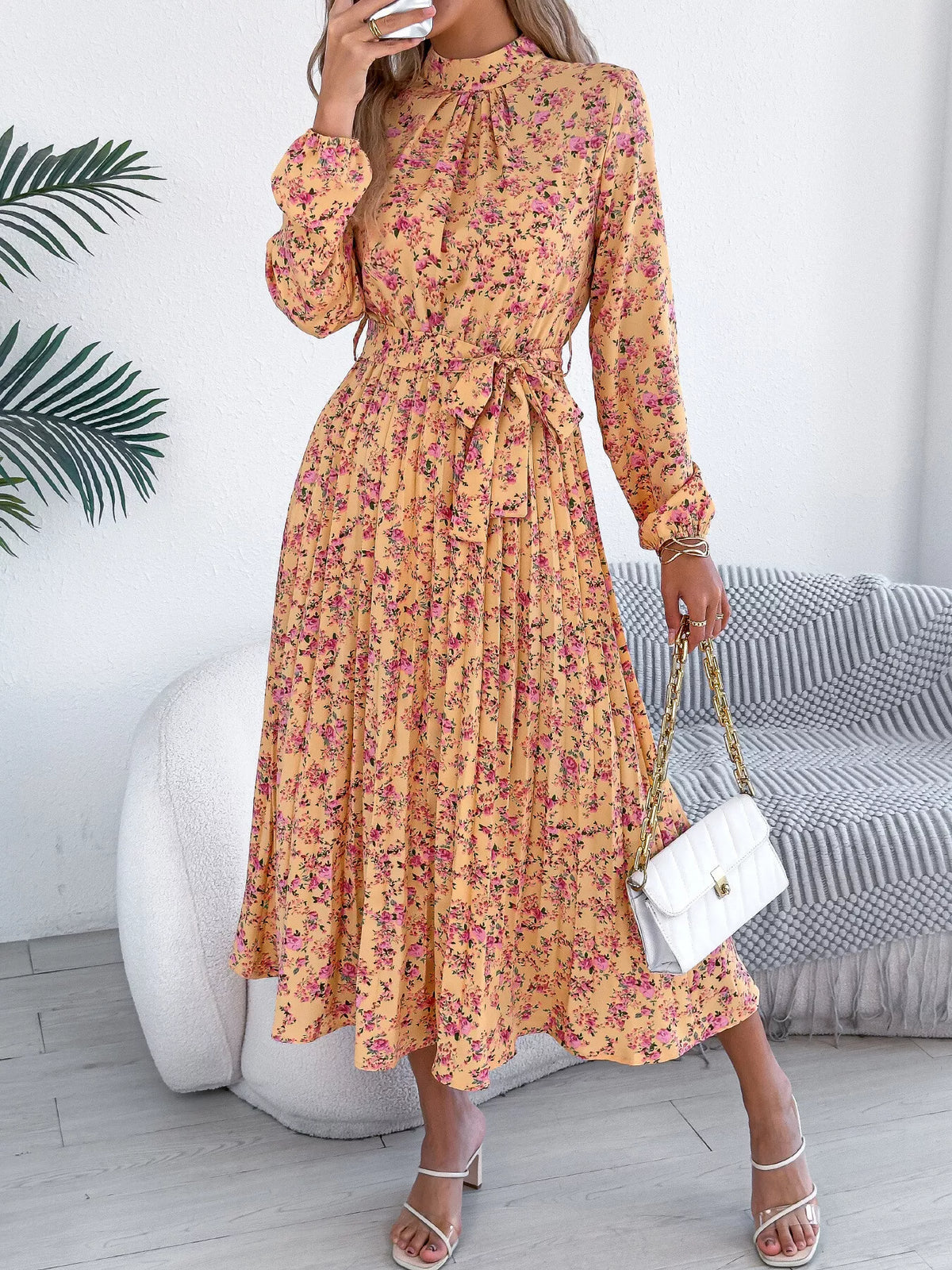 Yellow floral print long sleeve midi dress