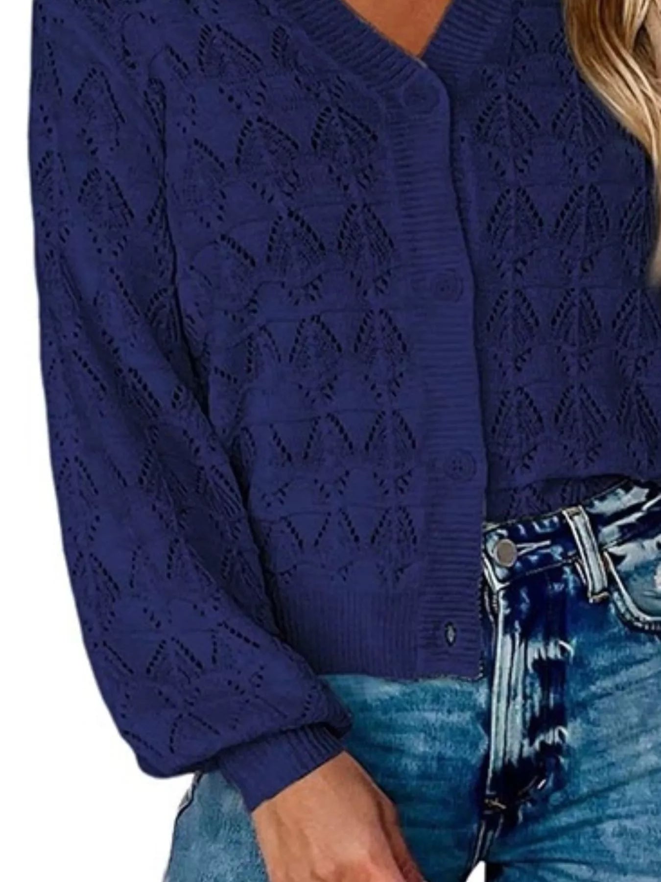 Trendsi Chic V-Neck Openwork Button-Down Knit Cardigan -